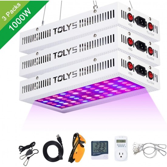 [3-Packs] 1000W LED Grow Light, TOLYS LED Plant Grow Lights Double Chips Full Spectrum Grow Lamping for Indoor Plants Veg and Flower, with Humidity Monitor Timer and Glasses(White)