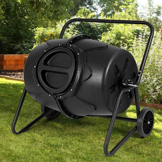 ana1store y Turn Fertilizer Cart Tank 50 Gallon Black Sturdy Iron Frame PP Barrel Twist-Lock Lid with Rollers Practical Design speeds up Compost Cycle Backyard Waste Bin