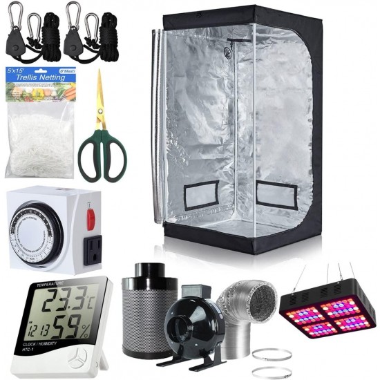 BloomGrow 32''x32''x63'' Grow Tent + 4'' Fan Filter Duct Combo + 600W LED Light + Hangers + Hygrometer + Shears + 24 Hour Timer + Trellis Netting Indoor Grow Tent Complete Kit