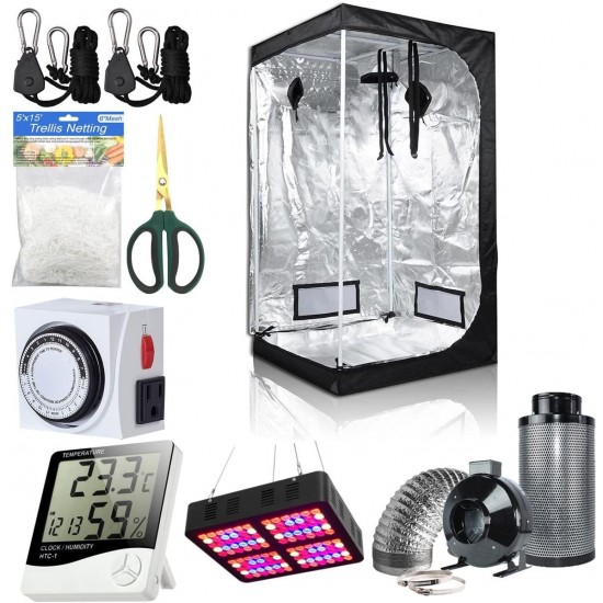 BloomGrow 36''x36''x72'' Grow Tent + 6'' Fan Filter Duct Combo + 600W LED Light + Hangers + Hygrometer + Shears + 24 Hour Timer + Trellis Netting Indoor Grow Tent Complete Kit