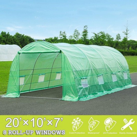 Mellcom 20' x 10' x 7' Greenhouse Large Gardening Plant Hot House Portable Walking in Tunnel Tent,Green