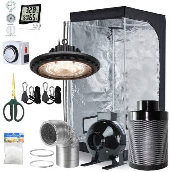 BloomGrow 300W Full Spectrum UFO LED Light + 32''x32''x63'' Grow Tent + 4'' Inline Fan Filter Duct Combo + Hangers + Hygrometer + Shears + 24-hour Timer + Trellis Netting Indoor Grow Tent Complete Kit