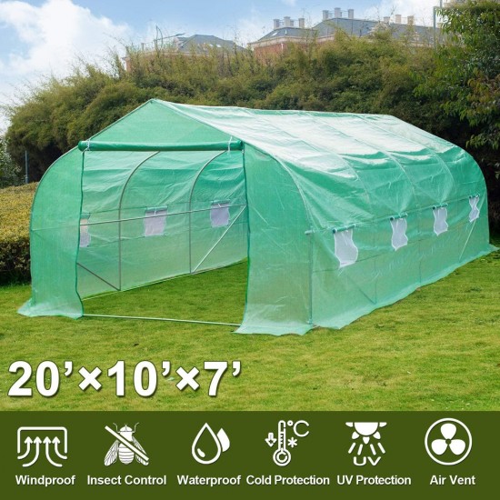 Repalbel Greenhouse, 20' X 10' X 7' Portable Green Houses Tunnel Tent, Large Walk-in Heavy Duty Green Garden Plant Hot House Roll-up Windows, Zippered Door, 4 Stakes, 4 Ropes