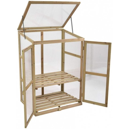 Manoch Outdoor Wood Greenhouse Grow Room Clear Frame Plant Vegetable Stand Clear Cover Material: Chinese Fir Wood and PC Board Dimensions: 30.0" x 22.5" x 43.0" (LxWxH) Adjusting Hinge Length: 10"