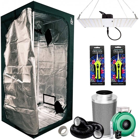 Plant House Indoor Grow Tent Kit Complete with HLG 100 V2 4000k Quantum Board LED Growing Light Bloom and Veg, Active Air 4 Inch Inline Fan Duct and Carbon Filter System , and 2 Trimmers